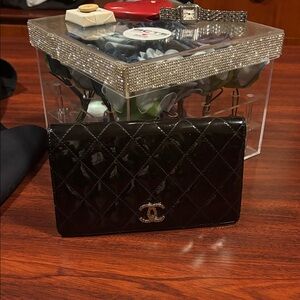 CHANEL Black Patent Quilted Clutch